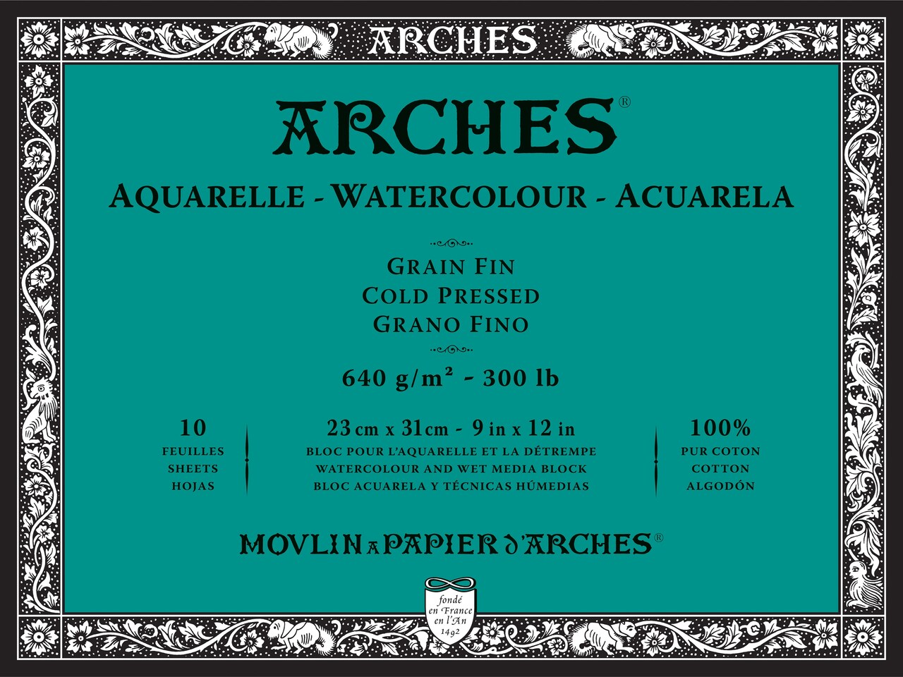 Arches Aquarelle Heavyweight Watercolor Block 9"X12"- 300lb, 10 Sheets